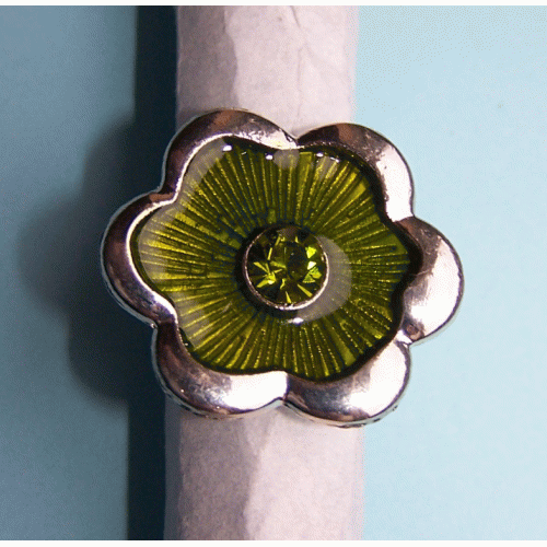 Grote zilveren en groene emaille bloem ring, verstelbaar
