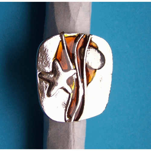 Brede zilveren en barnsteen emaille ring, model B, verstelbaar