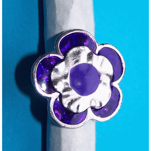 Brede zilveren en paarse emaille bloem ring, verstelbaar