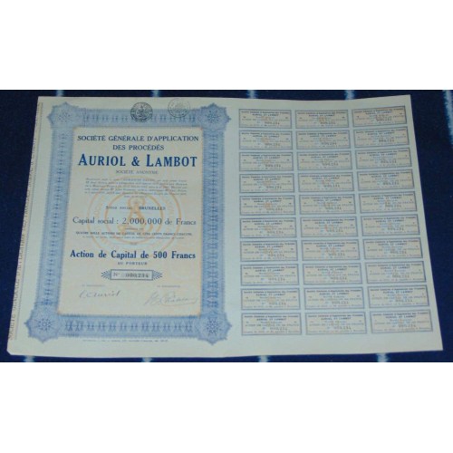 Aandeel Auriol & Lambot - 500 frank - 1928 - met coupons