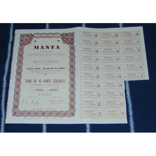Aandeel Manta - Waasmunster - 1957 - met coupons