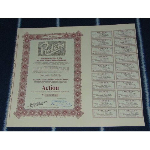 Aandeel Piétoco - 1952 - met coupons