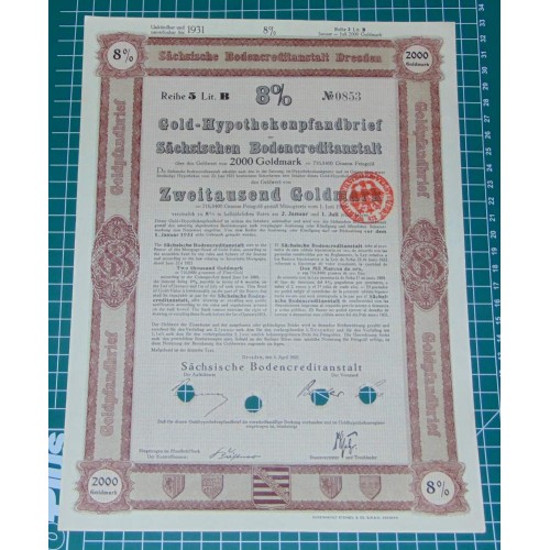Goud-hypotheekpandbrief Saksen - 2000 Goldmark - 1925