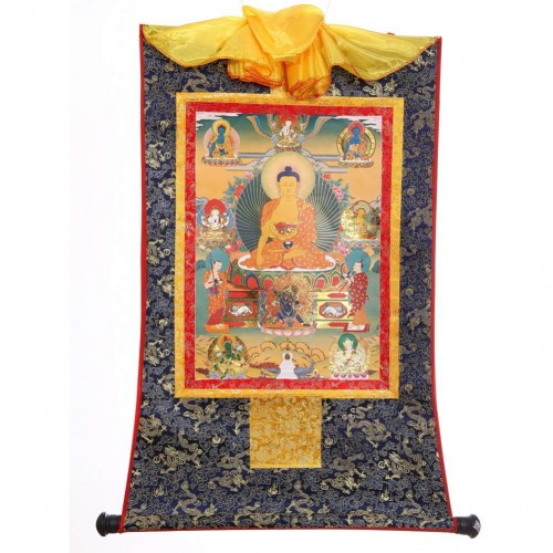 Sakyamuni Boeddha thangka, zijde op brokaat, 20,5x16cm  - tijdelijk niet leverbaar