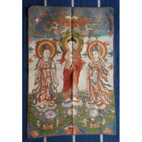 Shakyamuni Boeddha en Kwan-Jin thangka, brokaat, 60x40cm