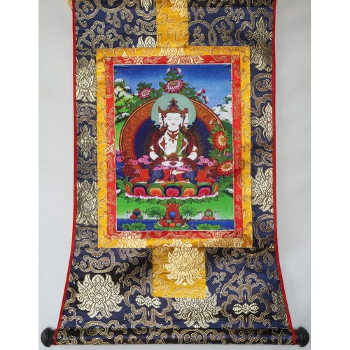 Vairocana Boeddha thangka, zijde op brokaat, 31x20cm
