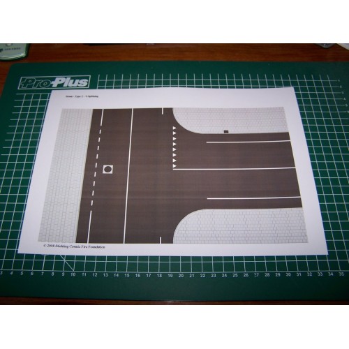 T-splitsing asfaltstraten in h0 (1:87) - papieren wegenplaat