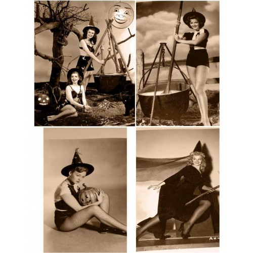 4 Halloween heksen - 40er jaren - sepia -A4 - zelfkl.