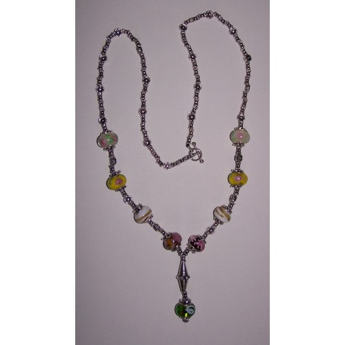 Fleurig lang collier van Tibet zilver en Pandora stijl beads