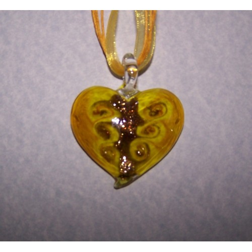 Gele Murano hart hanger met glitters en halskoordje