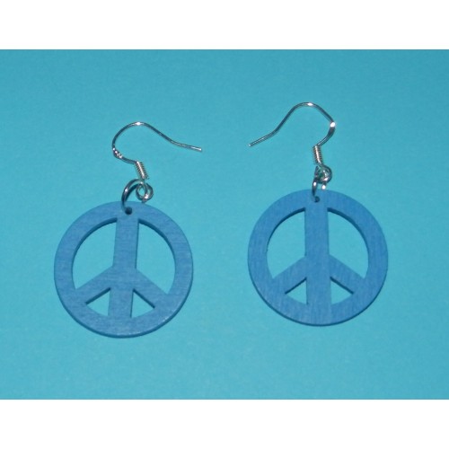 Blauwe houten "Peace" oorbellen