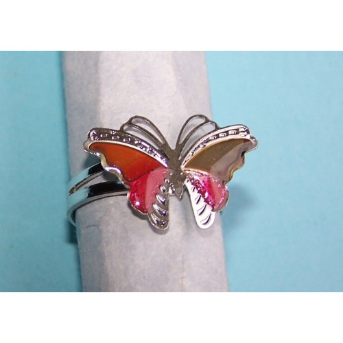 Vlinder stemming of mood ring, zilver en rood, verstelbaar