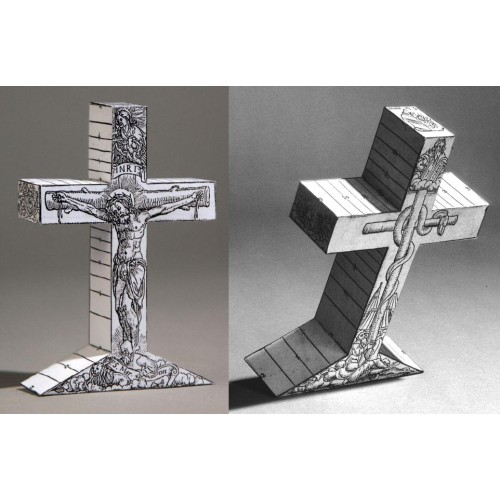 Zonnewijzer crucifix - antieke papieren bouwplaat - overdruk