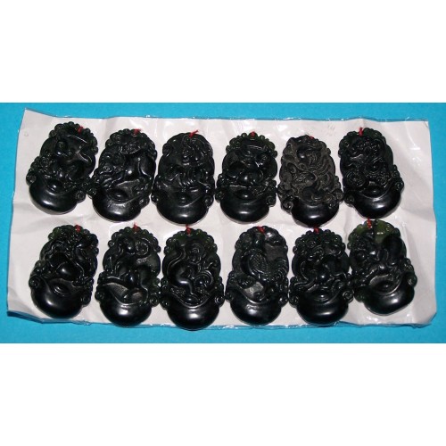 Set van 12 Chinese dierenriem hangers - zwartgroene Jade